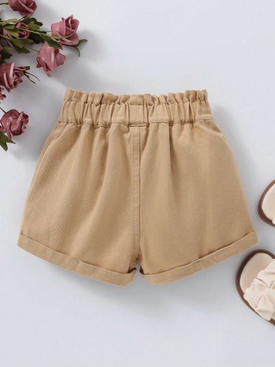 Young Girls' Basic Casual Khaki Buttterfly Tie Waist Details Cuffed Denim Shorts