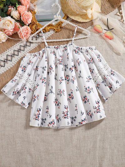 Teen Girl's Elegant Lace Trimmed Floral Print Shirt With Spaghetti Straps And Cold Shoulder Design
