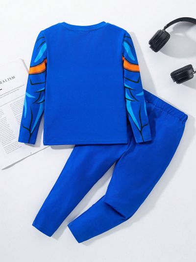 SHEIN Boys' Tight-Fitting Casual Round-Neck Two-Piece Home Clothes Set With Contrasting Colors And Cartoon Patterns