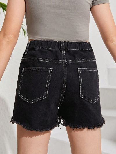 Tween Girl Letter Graphic Raw Hem Denim Shorts