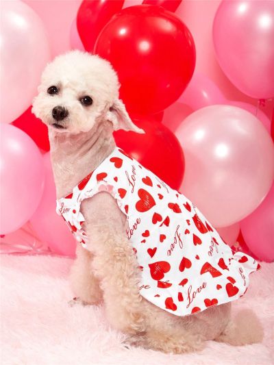 PETSIN 1pc Romantic & Cute Style White Pet Dress With Red Heart Print & Puffy Bubble Sleeves For Valentine's Day
