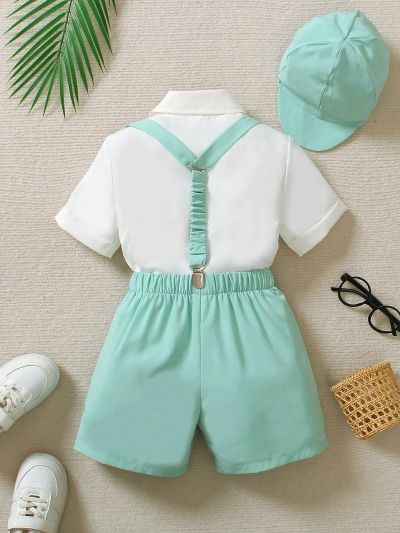 Summer Gentlemen Outfit For Toddler Boys, Including Shirt, Suspenders Shorts, And Hat