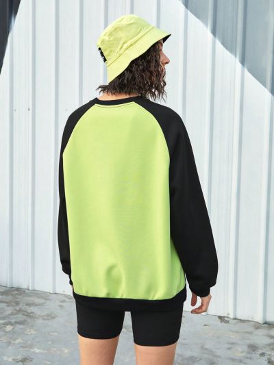 Street Sport Women'S Letter Printed Color Block Raglan Sleeve Athletic Sweatshirt