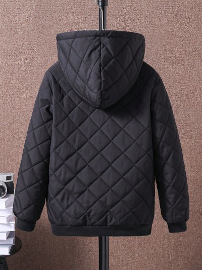 SHEIN Kids EVRYDAY Boys' Letter Print Hooded Fleece Lined Jacket For Children, Winter