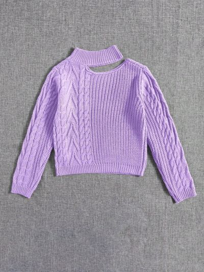 Girls' (big) Solid Color Hollow Out Stand Collar Sweater