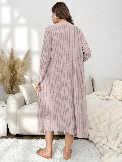 Women's Ribbed Knit Spaghetti Strap Dress + Long Sleeve Robe Homewear Set