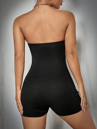 SHEIN Coolane Ladies' Slogan Printed Strapless Tight Romper