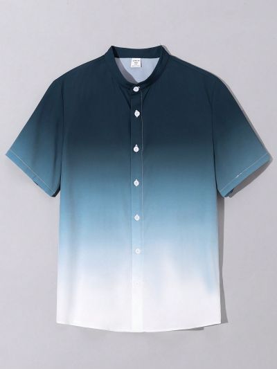 SHEIN Teenage Boys' Casual Stylish Green Gradient Print Short Sleeve Shirt With Stand Collar