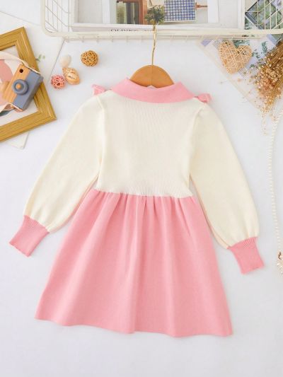 Little Girls' Color-blocking Knitted Dress With Ruffled Hem