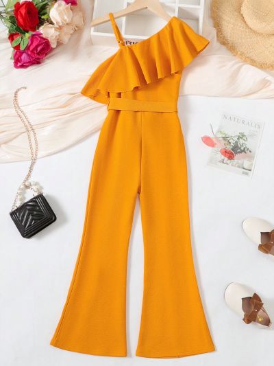 SHEIN Kids EVRYDAY Girls Asymmetrical Neck Ruffle Trim Flare Leg Belted Jumpsuit