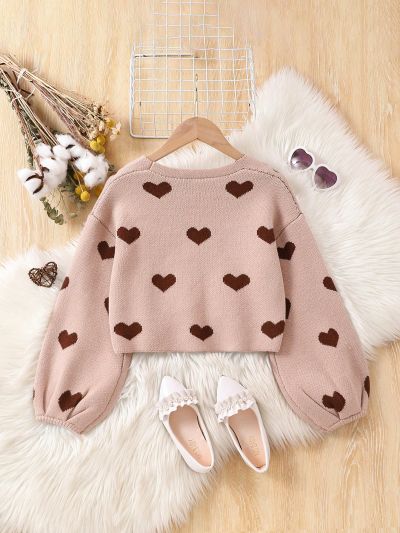 Girls' Heart Pattern Open Front Cardigan