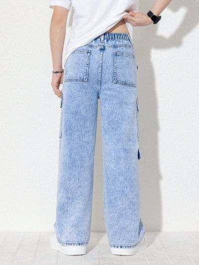 Teen Boys' New Arrival Casual Fashionable Washed Denim Jeans With Utility Elements