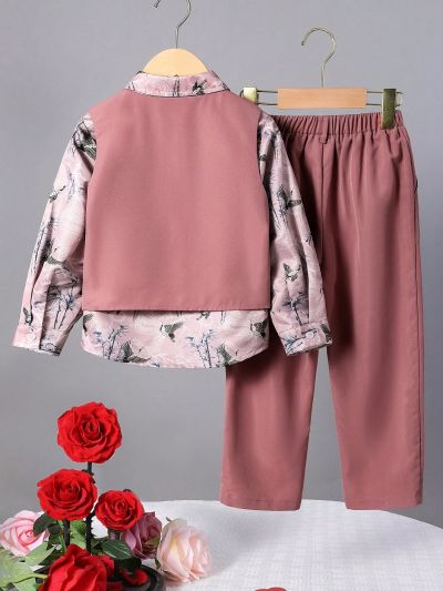 SHEIN Kids FANZEY Boys' Elegant Slim Fit Suit With Bow Tie Collar Shirt, Vest And Long Pants