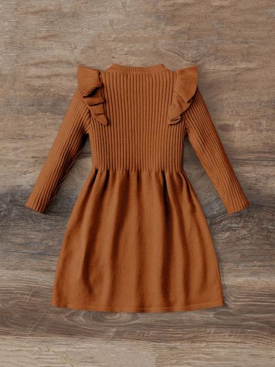 SHEIN Little Girls' Round Neck Long Sleeve Textured Jacquard & Lace Decorated A-line Sweater Dress