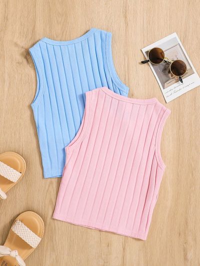 SHEIN Kids EVRYDAY 2pcs/Set Tween Girls' Knitted Ribbed Casual Tank Top