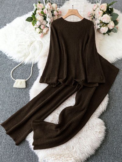 Plus Size Solid Color Rib Knit Sweater Set