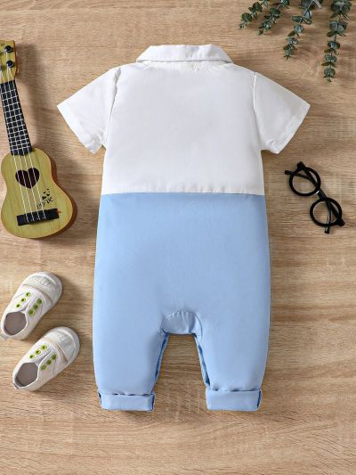 Baby Boy's Gentleman Style Romper With Bowtie, Blue & White Colorblock Design, Full Button Front