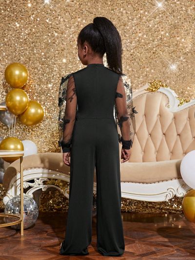 SHEIN Kids Cooltwn Tween Girl Contrast Embroidery Mesh Sleeve Mock Neck Wide Leg Jumpsuit Without Belt