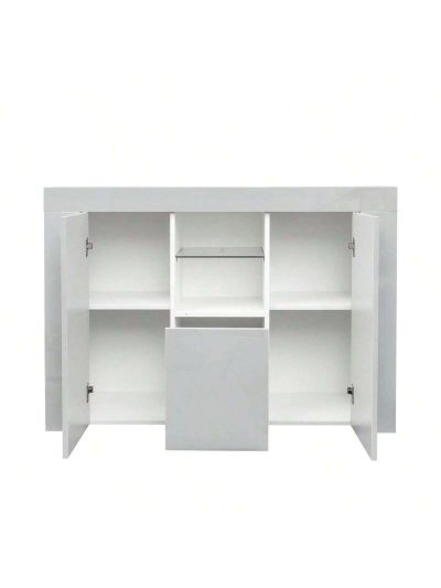 OSQI Kitchen Sideboard Cupboard with LED Light, White High Gloss Dining Room Buffet Storage Cabinet Hallway Living Room TV Stand Unit Display Cabinet with Drawer and 2 Doors