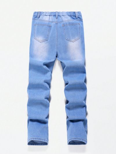 SHEIN Teen Boys' Straight Leg Ripped Frayed Washed Blue Denim Jeans With Slogan And Face Printed , For Spring And Summer Teen Boy Outfits