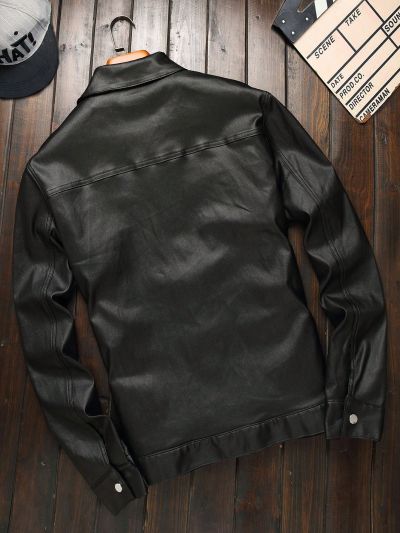 Men's Faux Leather Effect Denim Jacket With Small Collar