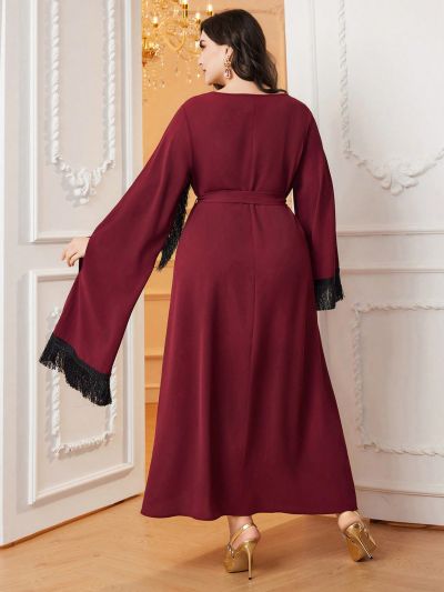 SHEIN Modely Plus Size Women'S Fringe Trim Belted Patchwork Dress