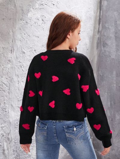 Teenage Girls' Heart Pattern Sweater Cardigan And Sweater Vest 2pcs/Set