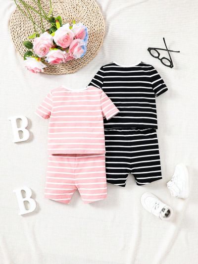 SHEIN 4pcs/Set Baby Girls' Casual Short Sleeve Striped T-Shirt And Shorts Pajama Set