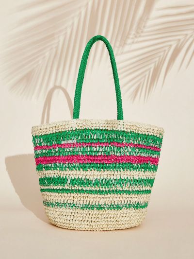 SHEIN VCAY Stripe Magnetic Women's Tote Bag Straw Bag