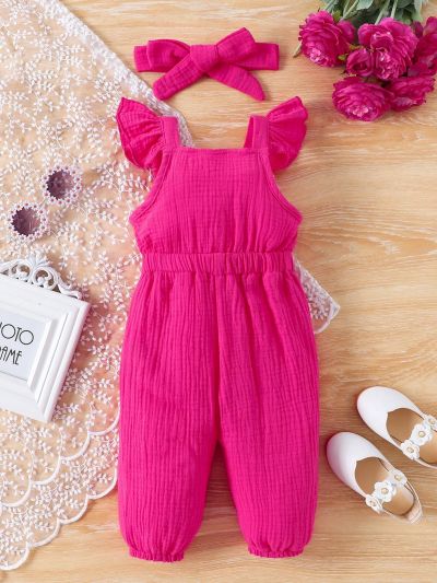 Baby Girl Ruffle Trim Double Layered Gauze Jumpsuit With Bowknot Decor & Matching Headband