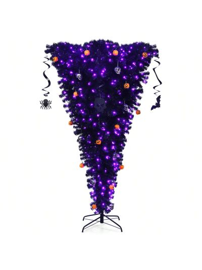 Costway 7ft Upside Down Christmas Halloween Tree Black w/400 Purple LED Lights