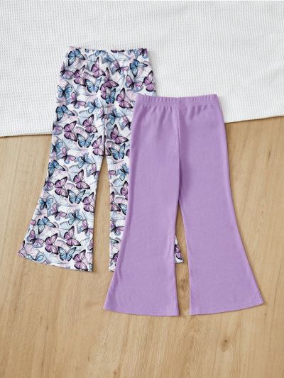 SHEIN Kids EVRYDAY Toddler Girls' Knitted Solid Color Butterfly Pattern Flared Pants 2pcs Outfit