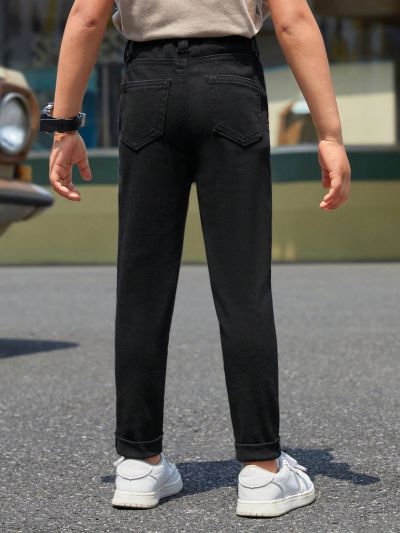 SHEIN Young Boys' Comfortable Soft High Elasticity Slim Fit Washed Fashionable Casual Denim Jeans