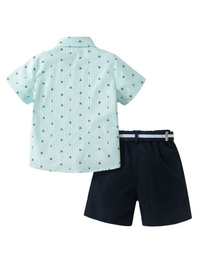 SHEIN Kids EVRYDAY Boys' (Little) 2pcs/Set Short-Sleeve T-Shirt With Sailboat Print