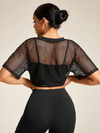 SHEIN Daily&Casual Drawstring Hem Cropped Fishnet Sports Sweatshirt