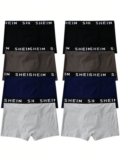 Teen Boy 8pcs Black, Grey, Blue Color Combo Elastic And Comfortable Letter Pattern Boxer Briefs