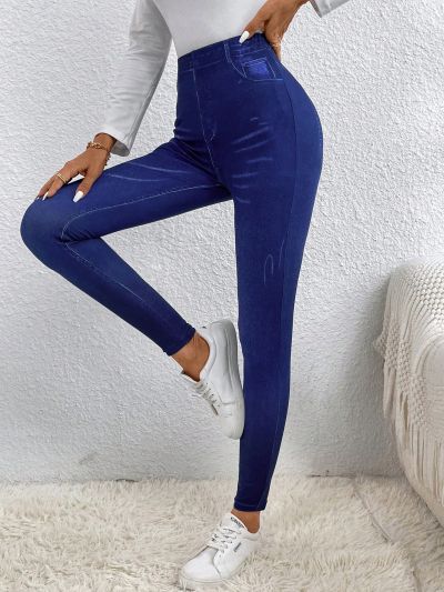SHEIN LUNE Women's Imitation Denim Printed Leggings