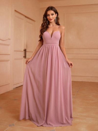 SHEIN Belle Deep V-Neck, Open Back, Waist Bowknot, Woven, Bridesmaid Cami Dress