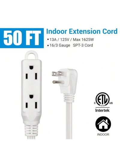 DEWENWILS Extension Cord 50 ft, 3 Outlet Power Cable with Flat Plug, 16/3 Awg Grounded Cord for Indoor Use, SPT-3 Cord, White, ETL Listed, 2 Pack