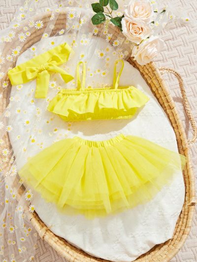 Newborn Baby Girl 3pcs/Set, Spring/Summer Yellow Halter Mesh Skirt With Ruffle Hem, Headband, For Photography Shoot, Elegant And Beautiful