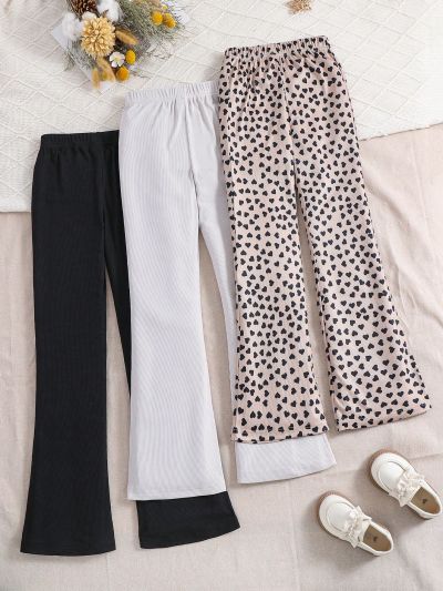 SHEIN Kids HYPEME 3pcs Girls' Elastic Waist Love Heart Patterned Sweatpants