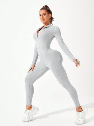 Zipper Front Long Sleeve Tight Sports Jumpsuit