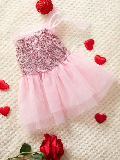 PETSIN Pink Glitter Bow Tie Ribbon Small Formal Dress, Valentine's Day Pet Cat Dog Skirt
