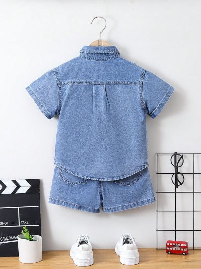 Little Boys' Dinosaur Embroidered Top And Denim Shorts Set