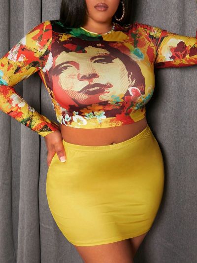 SHEIN Slayr Plus Size Short Printed Top And Solid Color Skirt Two Pieces Set