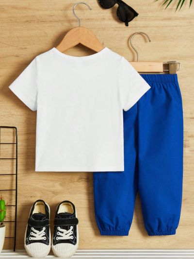 SHEIN Baby Boy Casual Letter Printed Top And Cargo Pants 2pcs Outfit