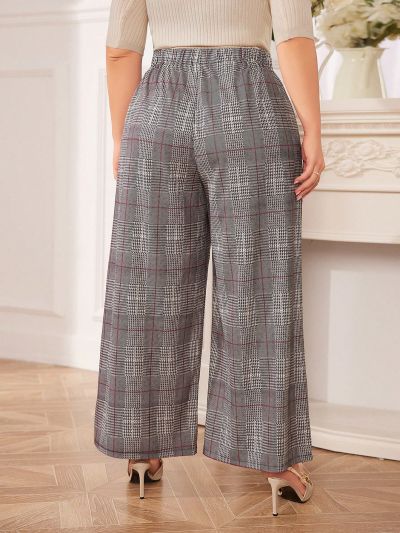 SHEIN Mulvari Plus Size Checked Button Decorated Wide Leg Suit Pants