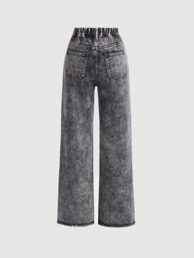 SHEIN Teen Girls' Casual High Waist Ripped Irregular Straight Leg Jeans