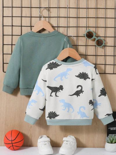 SHEIN Unisex Baby Cartoon Dinosaur Printed Round Neck Sweatshirt And Pants Outfit Set