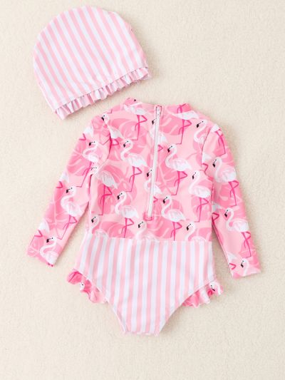 Baby Girl Flamingo Print Striped One Piece Swimsuit With Swim Cap
